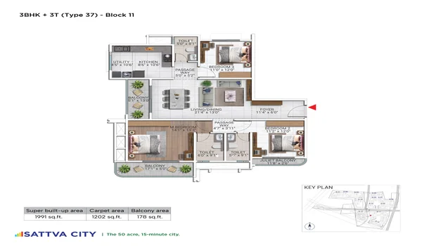 Featured Image of Sattva City 3 BHK 1991 Sq Ft Floor Plan