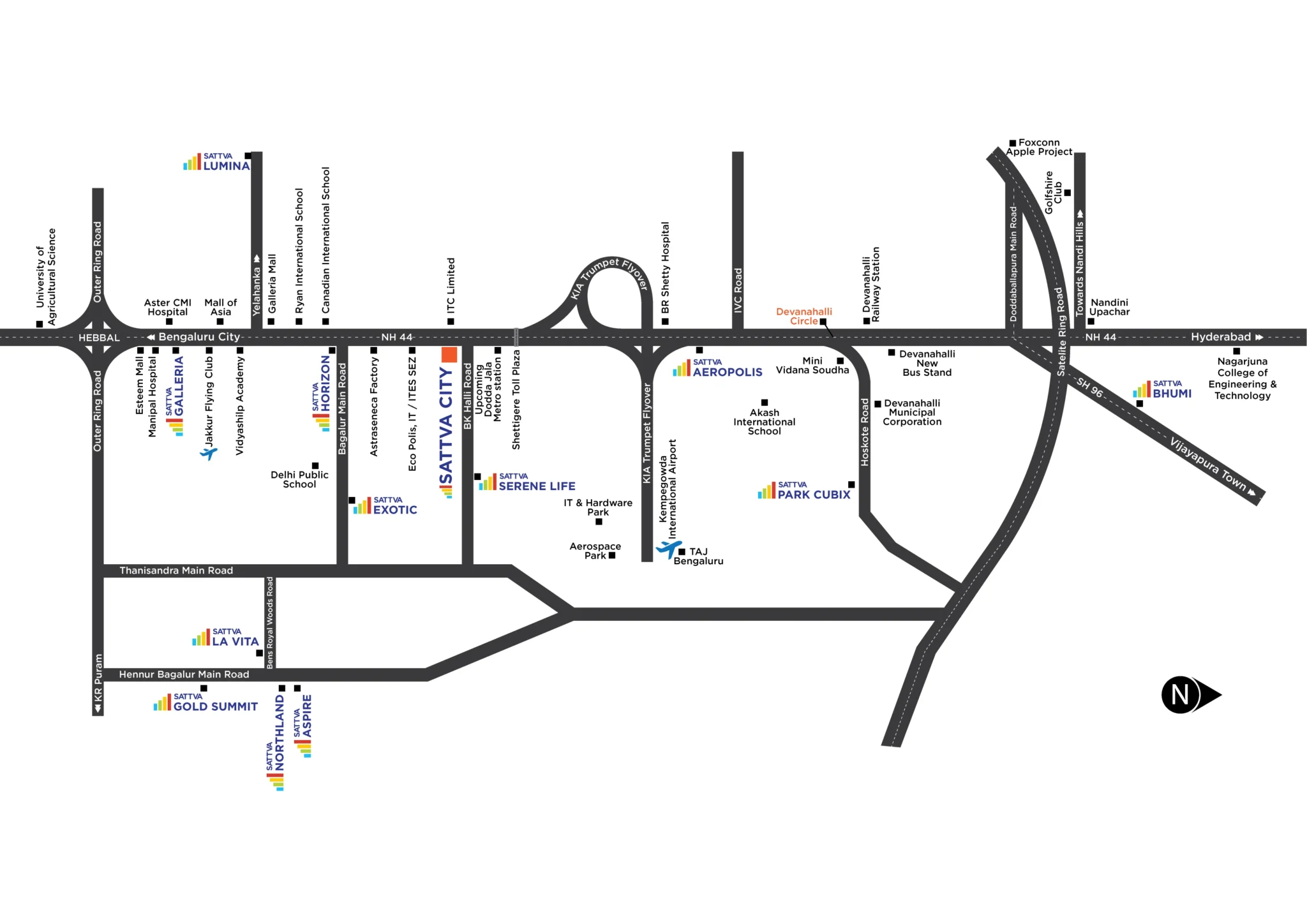 Sattva City Location has excellent connectivity to all parts of Bangalore