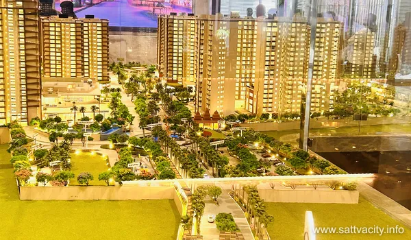 A wide-angle overview of the entire Sattva City architectural model, showcasing the gated entry, the distribution of multiple high-rise towers, and the vast integration of green spaces and community parks across the development.